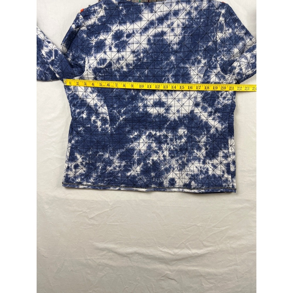 Chico's Quilted Jacket Womens 2 Lg Blue Tie Dye Embroidered Pom Pom Open Front - Picture 7 of 9